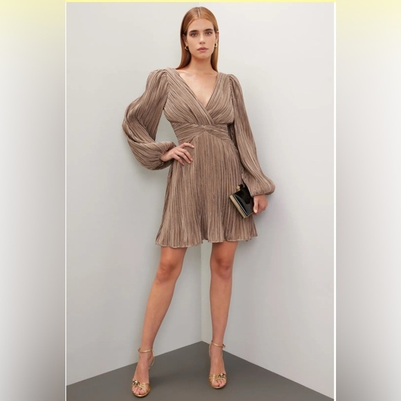 Jewel Badgley Mischka Beige Brown Balloon Long Sleeve Mini Dress Size 12 - Picture 1 of 9